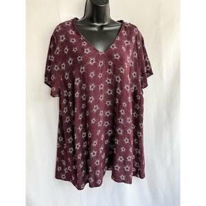 Torrid V Neck Star Print Keyhole Burgundy Eggplant Tunic Blouse Size 1X